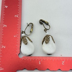 Retro White Milk Glass Tear Drop Earrings Dangle Cip-On Earrings W. Germany 2″L.