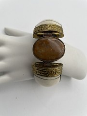 Vintage Clamper Tribal Bangle Horn Bone Brass Agate Gemstone Hinged Bracelet