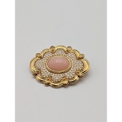 Vintage Gold Tone Scalloped Brooch Pin Pink Cabochon Faux Seed Pearl 2 Inch