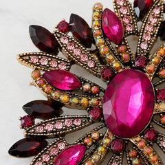 Fuchsia Burgundy Rhinestone Statement Brooch, Gold Tone Floral Starburst Pin