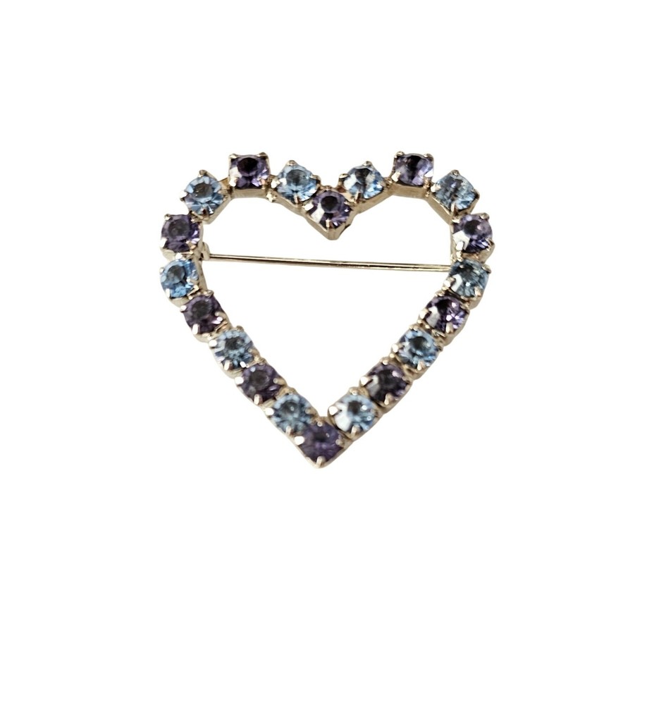 Icy Blue, Purple Rhinestone Open Heart Brooch Pin J195