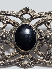Vintage Style Ornate Metal Brooch Pin Black Agate Onyx Stone Chains Gothic…