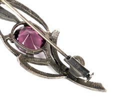 Sterling Silver Antique Edwardian Amethyst & Marcasite Brooch Pin Trombone Clasp