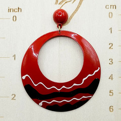 Large Metal Hoop Red Black White Enamel Hand Painted Pierced Vintage Earrings