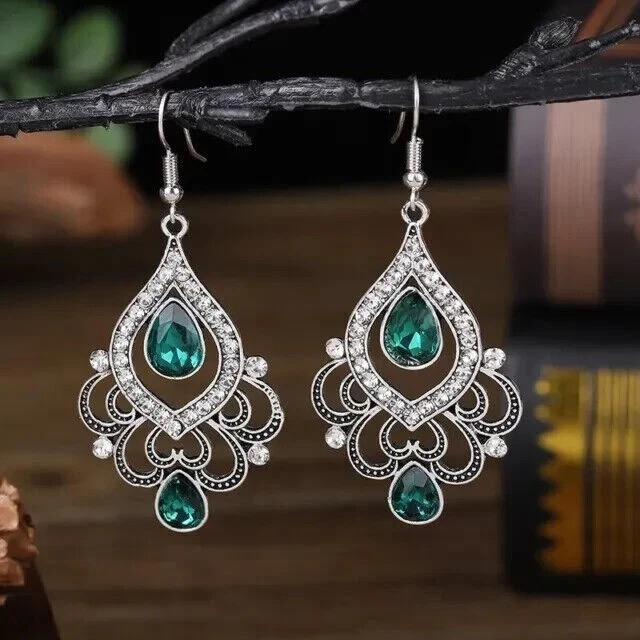 Art Deco Style Lab-Created Emerald & Diamond Wedding 14k White Gold FN Earrings
