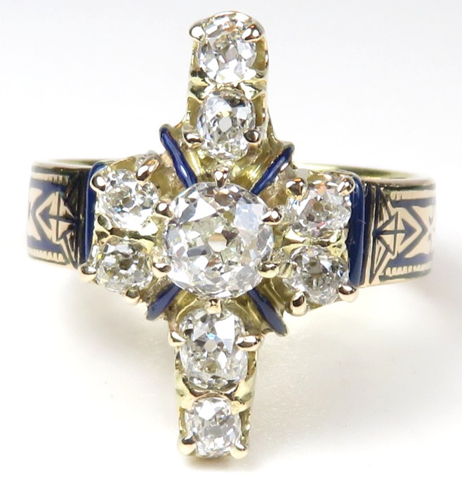 Victorian Old Mine Diamond 1880’s Enamel Engagement Ring 18KY Size 6.25 UK-M