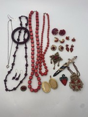 VINTAGE Red Jewelry Lot 17 Pcs 12oz Garnet Set Rhinestone Brooch Movie Prop