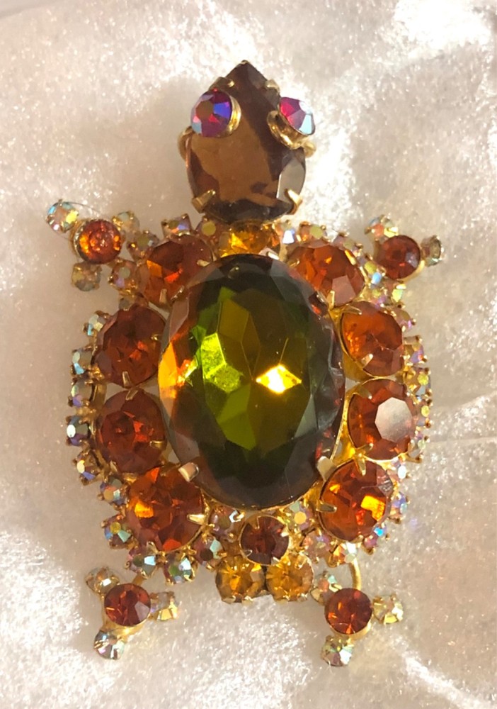 VERIFIED JULIANA Turtle Figural Brooch Topaz Hues Watermelon AB Rhinestones