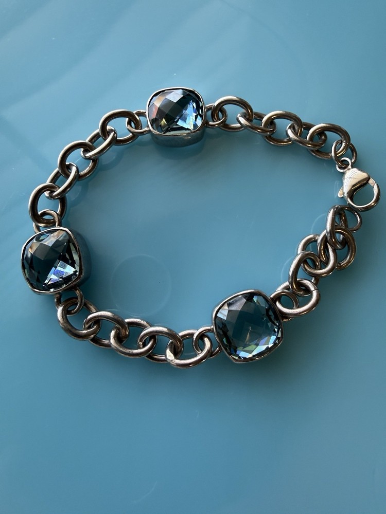 Aqua Blue Topaz Gem Bracelet 925 Sterling Silver Bezel Set Bracelet 22.5g