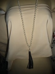 WHBM GRADUATED FAUX PEARLS SILVER TONE SPACERS w BLACK TASSEL NECKLACE #23/5A