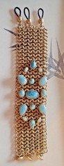 Chunky Wide Brass Metal Meshed Bracelet with Amazonite Stones Signed KC