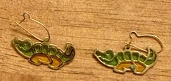 Vintage Stained Glass Alligator Dangle Earrings Green & Gold Rare