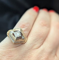 Vintage 1940s Retro Diamond Dome Heavy Ring 14k Two-Tone Gold Cocktail