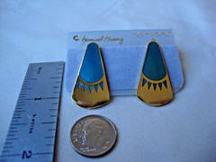 VINTAGE SAMUEL HUANG DESIGNER CLOISONNE RETRO ABSTRACT TEAL ENAMEL STUD EARRINGS