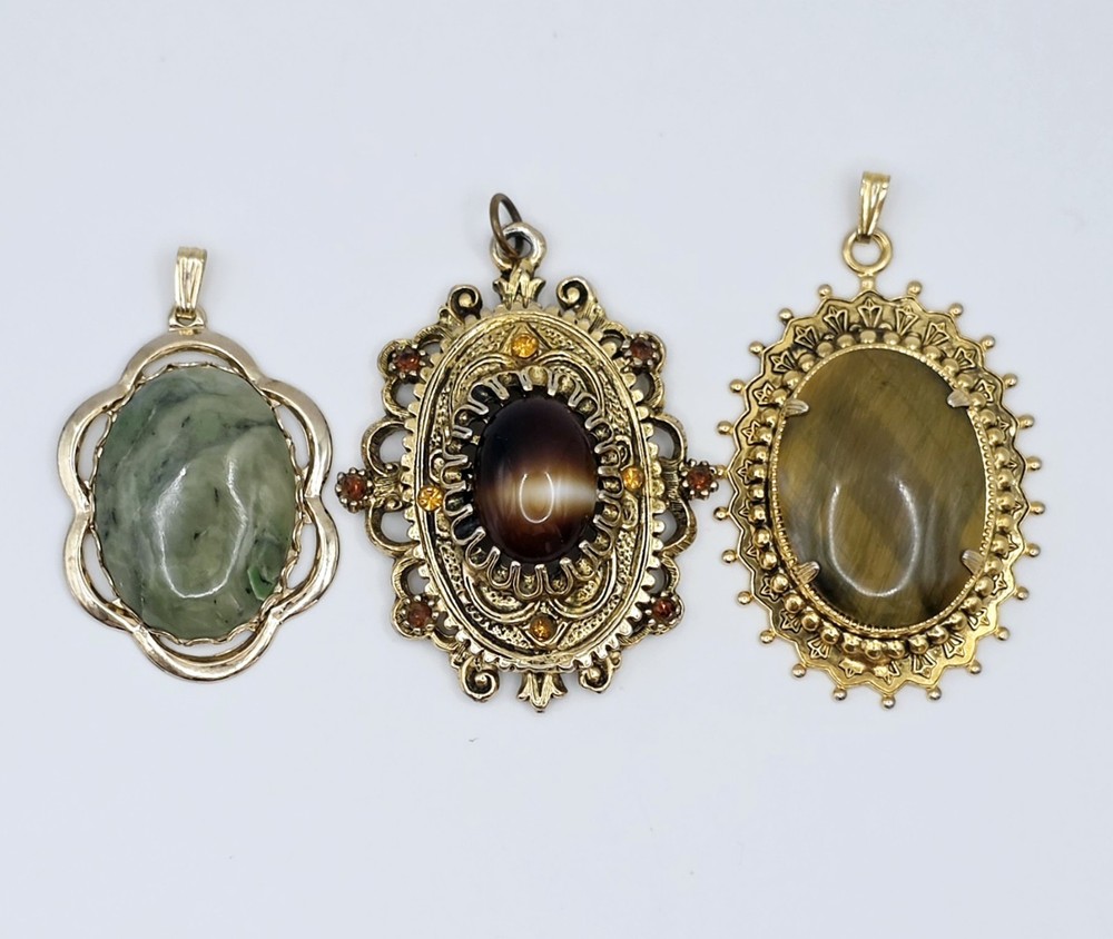 Vtg Mid Century Costume Jewelry Pendant Lot 3 Celebrity NY Tiger Eye Jade