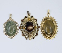 Vtg Mid Century Costume Jewelry Pendant Lot 3 Celebrity NY Tiger Eye Jade
