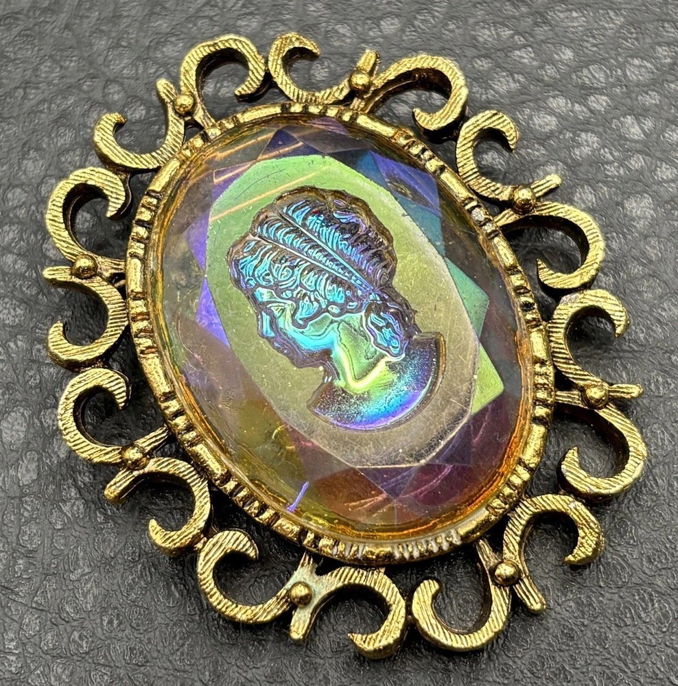 Vintage Huge AB Aurora Borealis Rainbow Glass Cameo Intaglio Brooch Gold Tone