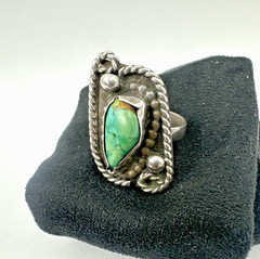 Vintage Navajo Old Pawn Style Sterling Silver Turquoise Ring Lasso Unique Sz. ~8