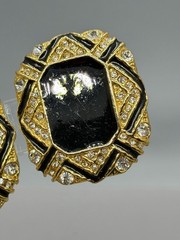 Vintage Gold Tone Black Enamel Center Clear Rhinestone Panel Design Clip On