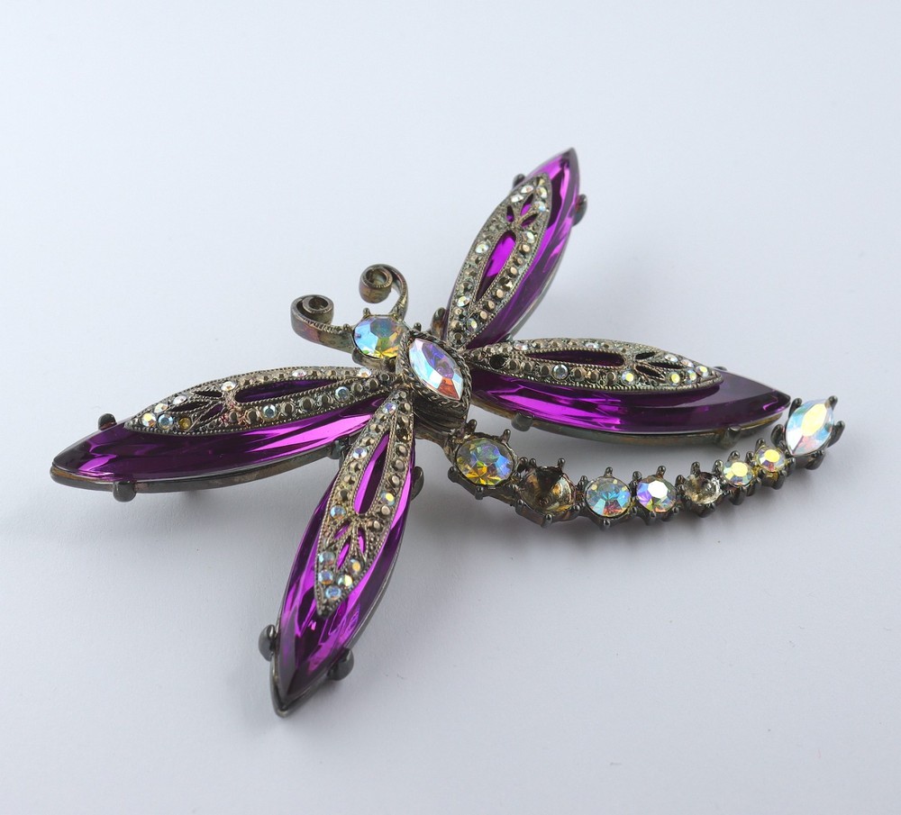Graziano Purple Dragonfly & Aurora Borealis Rhinestone Figural Brooch