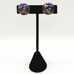 Cloisonné Small Butterfly & Flowers Round Blue Enamel Gold Tone Clip On Earrings