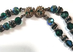 Vintage Les Bernard 2 Strand Iridescent Blue-Green Glass Bead Necklace 24 inch