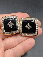 Vintage Good Quality Black Enamel and Rhinestones Gold-Tone Clip On Earrings