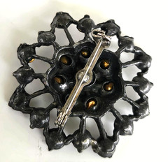 Vintage Brown with Clear Rhinestone Starburst Flower Pewter Pin 1-5/8″