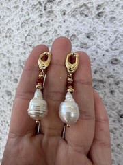 White Baroque Pearl Earrings With Carnelian Accent, Melting Lever back