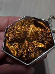Silver Tone Hexagon Amber Foil Glass Pendant Necklace Boho Artisan Beaded
