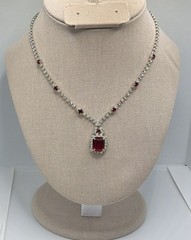 Vintage Faux Ruby White Rhinestone Necklace Silver Tone Wedding Prom Formal 15.5