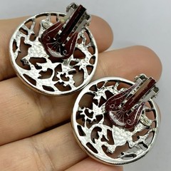 Vtg Sarah Coventry Deer Silver Tn Openwork Filigree Earrings Huggie Clip Scenery