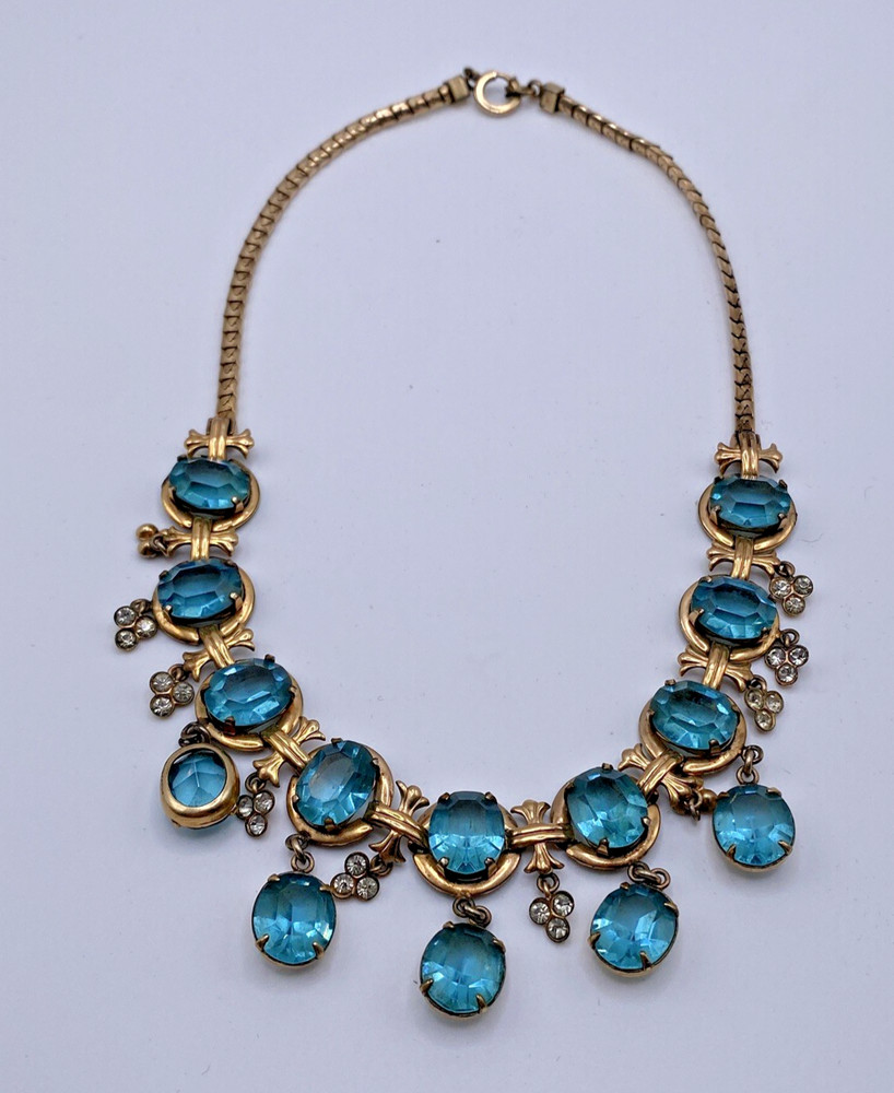 Stunning Vintage Aqua Blue Crystal Bib Necklace Gold Tone Art Deco