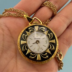 Vintage Lucerne Watch Pendant Necklace Gold Tone Floral Etched Ornate 24″ READ