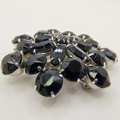 Vintage Black Glass Rhinestone Flower Brooch Pin Silver Tone Art Deco Style