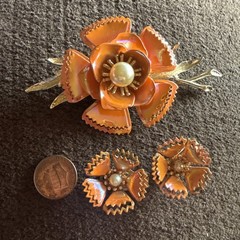 Enamel Orange Floral Brooch Pin And Matching Clip On Earrings
