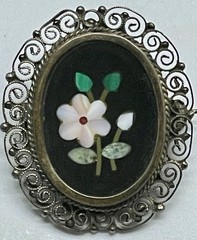 Antique 800 Silver Pietra Dura Floral Mosiac Filigree Oval Brooch