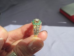 ANTIQUE BRISTOL 14K YELLOW GOLD TIERED EMERALD DIAMOND CLUSTER HALO RING