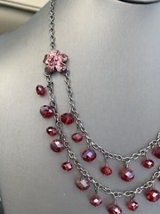 Vintage Boho Ab Red Crystal Charm Layered Beaded Necklace 18” Silver Tine