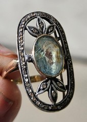 Antique Aquamarine And Rose Cut Diamond 18k And Silver Topped Ring.