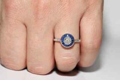 Art Deco Style Round Lab Created Diamond & Sapphire Halo 14K White Gold FN Ring