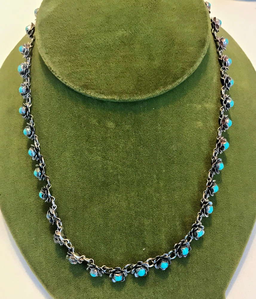 Vintage Antique Mexico/Indian Sterling Silver Stamped Turquiose 18″ Necklace 30g