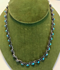 Vintage Antique Mexico/Indian Sterling Silver Stamped Turquiose 18″ Necklace 30g