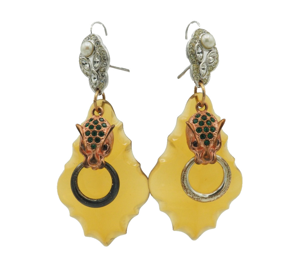 Retro Art Deco Vintage acrylic studded crystals leopard cat doorknocker earrings