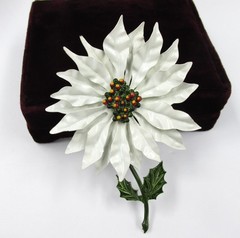 Vintage Enameled Metal White Poinsettia Flower Brooch Christmas Holiday 5”