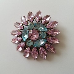 Vintage Pink and Blue Marquise Rhinestone Floral Brooch