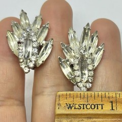 Vtg Clear Navette Rhinestone Silvertone Statement Earrings Clip-on Earrings