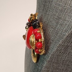 VTG Maximalist Art Brooch Pin Red Black Gold Tone Statement Fashion Steam Punk
