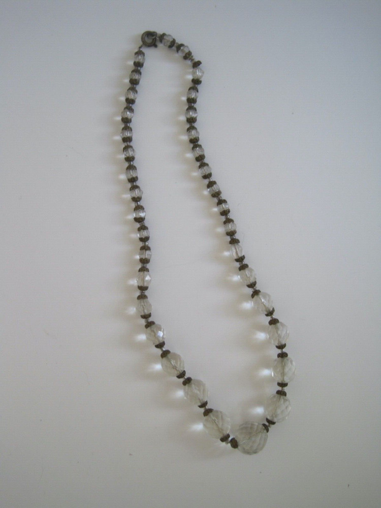 Round Faceted Clear Beads & Brass Flower Choker Necklace 1940s 16″ GUC
