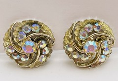Round Gold Tone Swirl Clear Rhinestone Aurora Borealis AB Clip on Earrings VTG